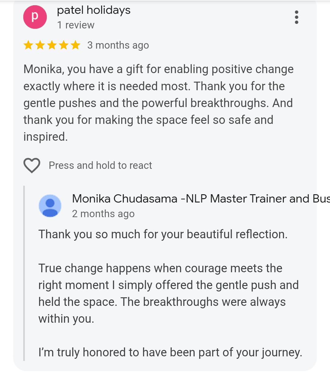 WhatsApp testimonial from a workshop participant