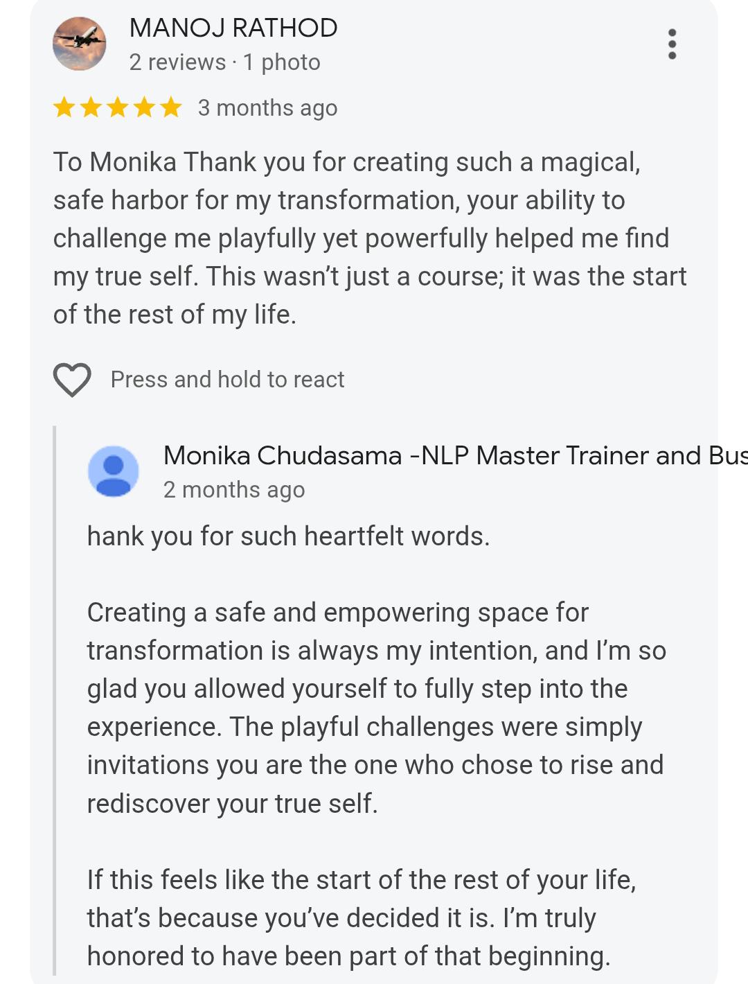 WhatsApp testimonial from a workshop participant